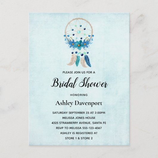 Blauwe droomcatcher met bloemen en veren bridal uitnodiging briefkaart (Voorkant)
