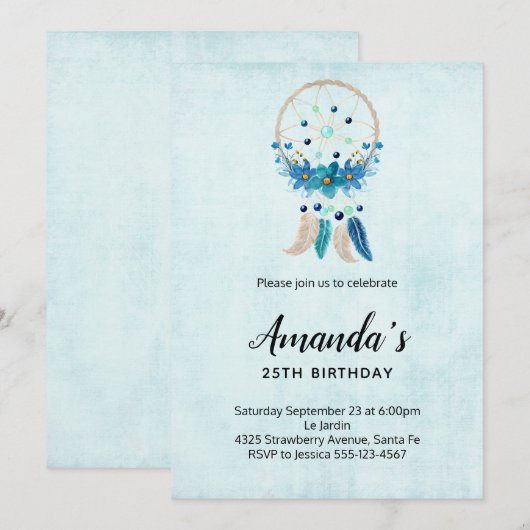 Blauwe droomcatcher met bloemen en veren op zondag kaart (Voorkant / Achterkant)