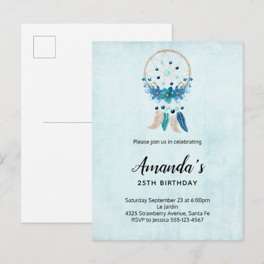 Blauwe droomcatcher met bloemen en veren op zondag uitnodiging briefkaart (Voorkant / Achterkant)