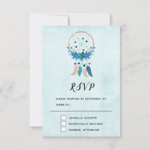 Blauwe droomcatcher met bloemen en veren RSVP kaartje