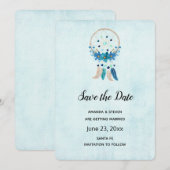 Blauwe droomcatcher met bloemen en veren save the date (Voorkant / Achterkant)