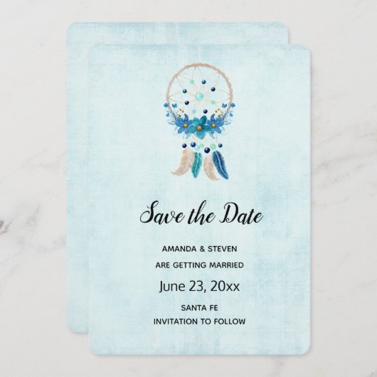 Blauwe droomcatcher met bloemen en veren save the date (Voorkant / Achterkant)