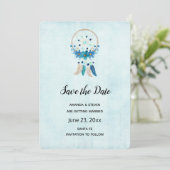Blauwe droomcatcher met bloemen en veren save the date (Staand voorkant)