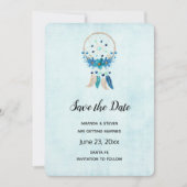 Blauwe droomcatcher met bloemen en veren save the date (Voorkant)
