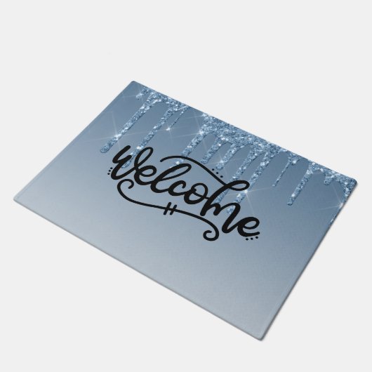 Blauwe druipende glitter welkom deurmat (Schuin)