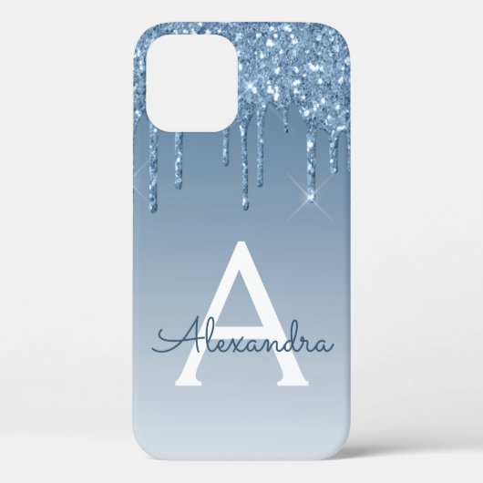 Blauwe druppelende glitter monogram Girly Case-Mate iPhone Case (Achterkant)