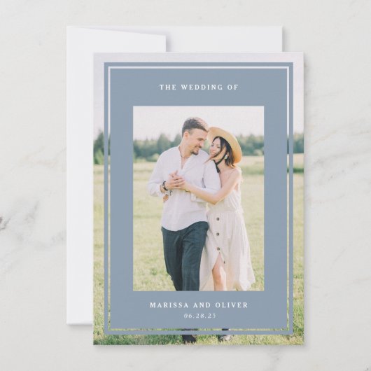 Blauwe dubbelzijdige ingelijste foto bruiloft webs kaart (Voorkant)