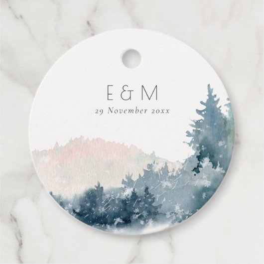 BLAUWE DUSKY BLUE MOUNTAINS PINE MONOGRAM WEDDING  BEDANKJES LABELS (Voorkant)