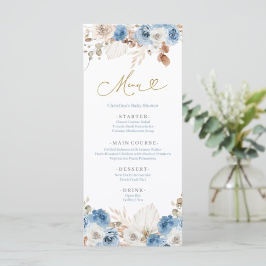Blauwe Dusty Blue Boho Floral Menu (Staand voorkant)