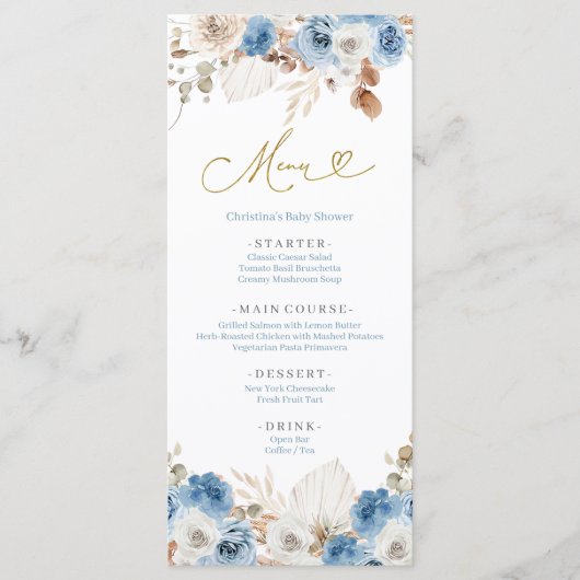 Blauwe Dusty Blue Boho Floral Menu (Voorkant)
