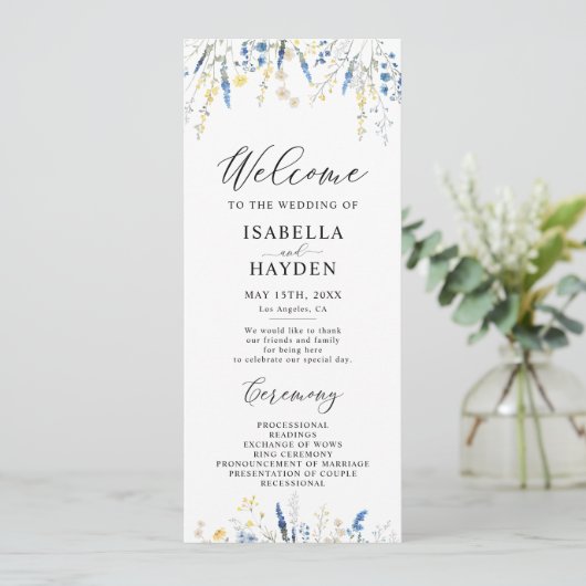Blauwe Dusty Dainty Wild Floral Wedding Flat Progr Programmakaart (Staand voorkant)