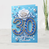 Blauwe edelstenen en parels Witte Roos 30e verjaar Kaart (Voorkant)
