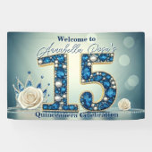 Blauwe Edelstenen & Zilveren Kroon 15e Verjaardags Spandoek (Horizontaal)