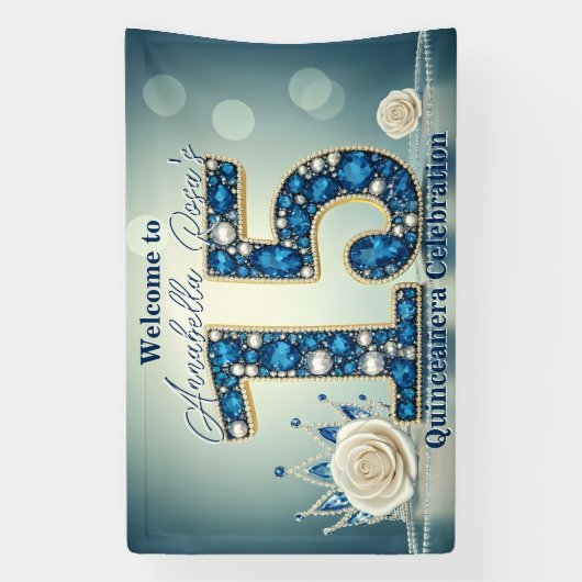 Blauwe Edelstenen & Zilveren Kroon 15e Verjaardags Spandoek (Verticaal)