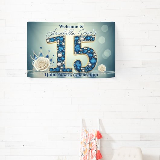 Blauwe Edelstenen & Zilveren Kroon 15e Verjaardags Spandoek (Insitu)