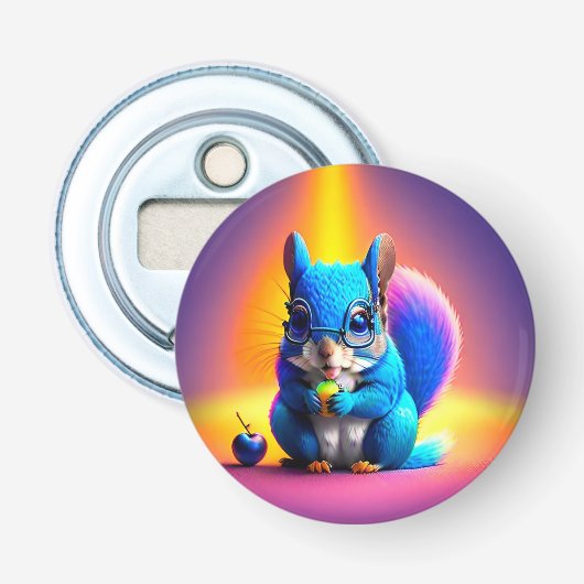 Blauwe eekhoorn eet fruit button flesopener (Voorkant)