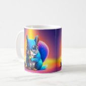 Blauwe eekhoorn eet fruit koffiemok (Voorkant links)