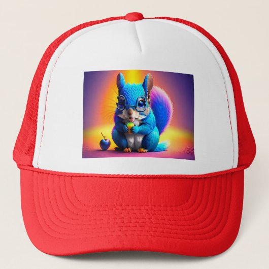 Blauwe eekhoorn eet fruit trucker pet (Voorkant)