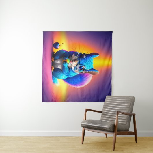 Blauwe eekhoorn eet fruit wandkleed (In Situ (horizontaal))