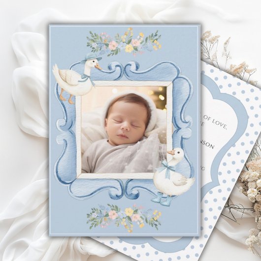 Blauwe Eenden Bloemige Vintage Baby Aankondiging