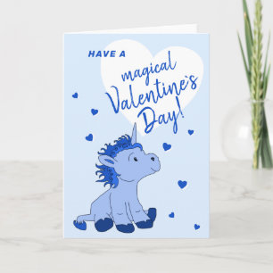 Blauwe Eenhoorn Hart Kinderen Klaslokaal Valentijn Feestdagen Kaart