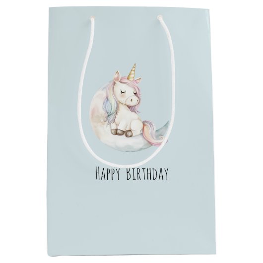 Blauwe Eenhoorn op Verjaardagswolk Medium Cadeauzakje (Voorkant)