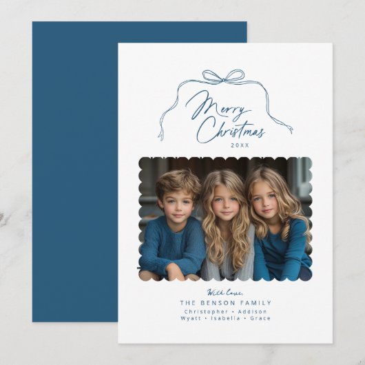 Blauwe Eenvoudige Bow Gescalpeerde Foto Kerst Kaar Feestdagenkaart (Voorkant / Achterkant)