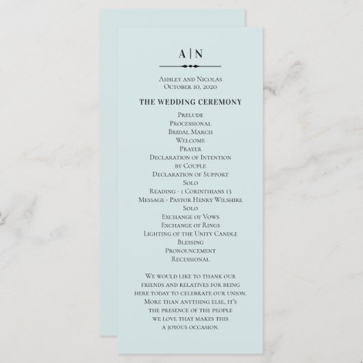 Blauwe eenvoudige bruiloft. Elegant klassiek typog Programmakaart (Voorkant / Achterkant)