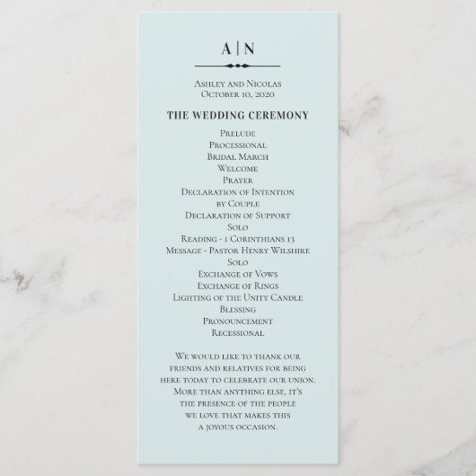 Blauwe eenvoudige bruiloft. Elegant klassiek typog Programmakaart (Voorkant)