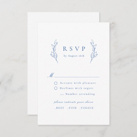 Blauwe eenvoudige elegante botanische bruiloft RSV RSVP Kaartje (Voorkant / Achterkant)