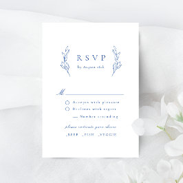 Blauwe eenvoudige elegante botanische bruiloft RSV RSVP Kaartje