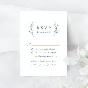 Blauwe eenvoudige elegante botanische bruiloft RSV RSVP Kaartje