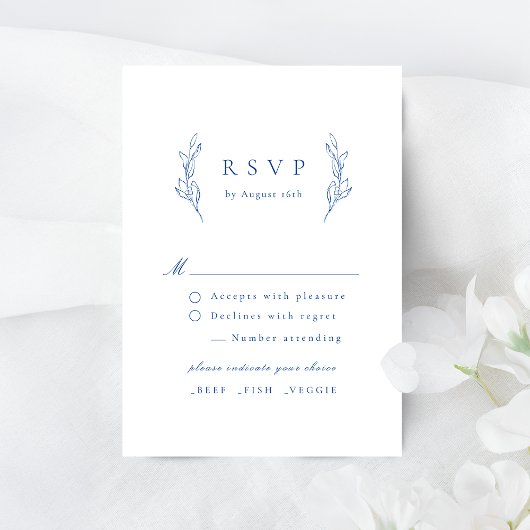 Blauwe eenvoudige elegante botanische bruiloft RSV RSVP Kaartje