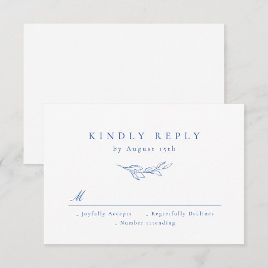 Blauwe, eenvoudige elegante botanische bruine brui RSVP kaartje (Voorkant / Achterkant)