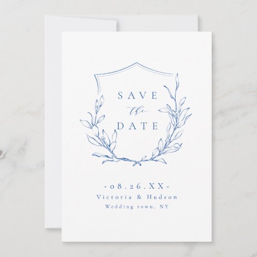 Blauwe, eenvoudige elegante botanische kreet slaat save the date (Voorkant)