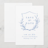 Blauwe, eenvoudige elegante botanische kreet slaat save the date (Voorkant / Achterkant)