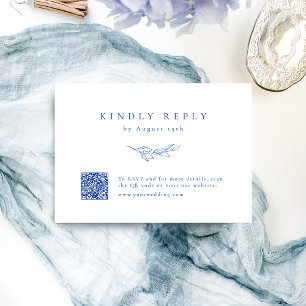 Blauwe eenvoudige elegantie botanische QR code bru RSVP Kaartje