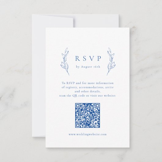 Blauwe eenvoudige elegantie botanische QR code bru RSVP Kaartje (Voorkant)