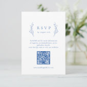 Blauwe eenvoudige elegantie botanische QR code bru RSVP Kaartje (Staand voorkant)