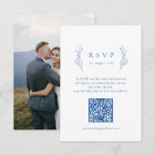 Blauwe eenvoudige elegantie botanische QR code bru RSVP Kaartje (Voorkant / Achterkant)