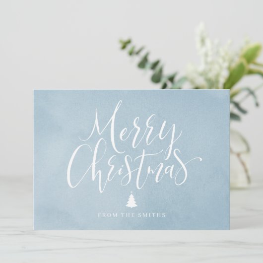 Blauwe eenvoudige handgeschreven kalligrafie Kerst Feestdagenkaart (Staand voorkant)