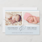 Blauwe Eenvoudige tweelingfoto van geboorte Aankondiging (Voorkant)