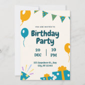 Blauwe Eenvoudige Verjaardagsuitnodiging Kaart (Voorkant)