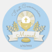 Blauwe Eerste Communie Ronde Sticker (Voorkant)