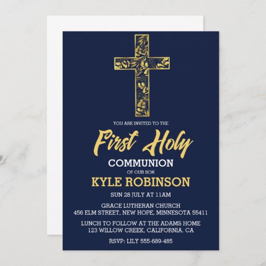 Blauwe eerste communie uitnodigingen (Voorkant / Achterkant)