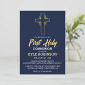 Blauwe eerste communie uitnodigingen (Staand voorkant)