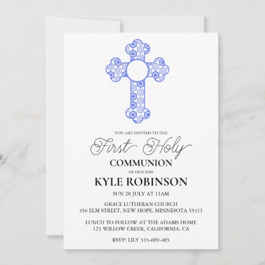 Blauwe eerste communie uitnodigingen (Voorkant)