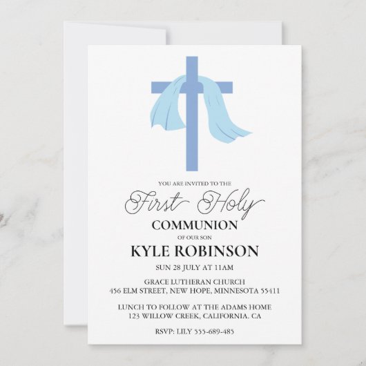 Blauwe eerste communie uitnodigingen (Voorkant)