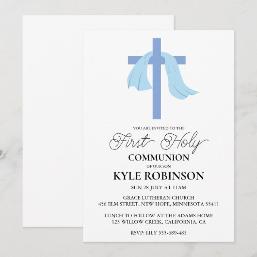 Blauwe eerste communie uitnodigingen (Voorkant / Achterkant)