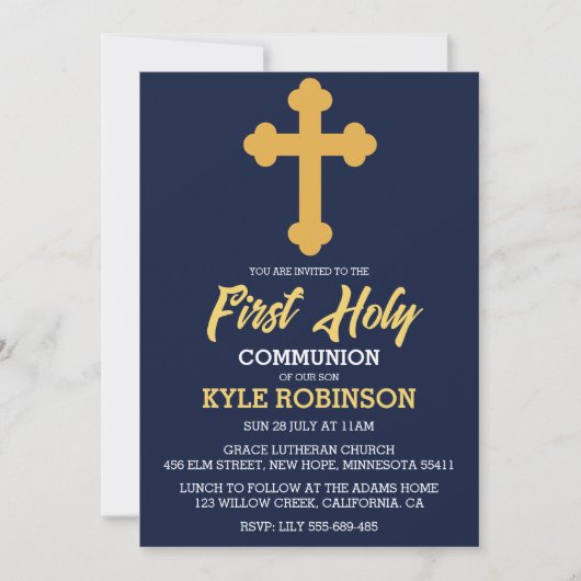 Blauwe eerste communie uitnodigingen (Voorkant)